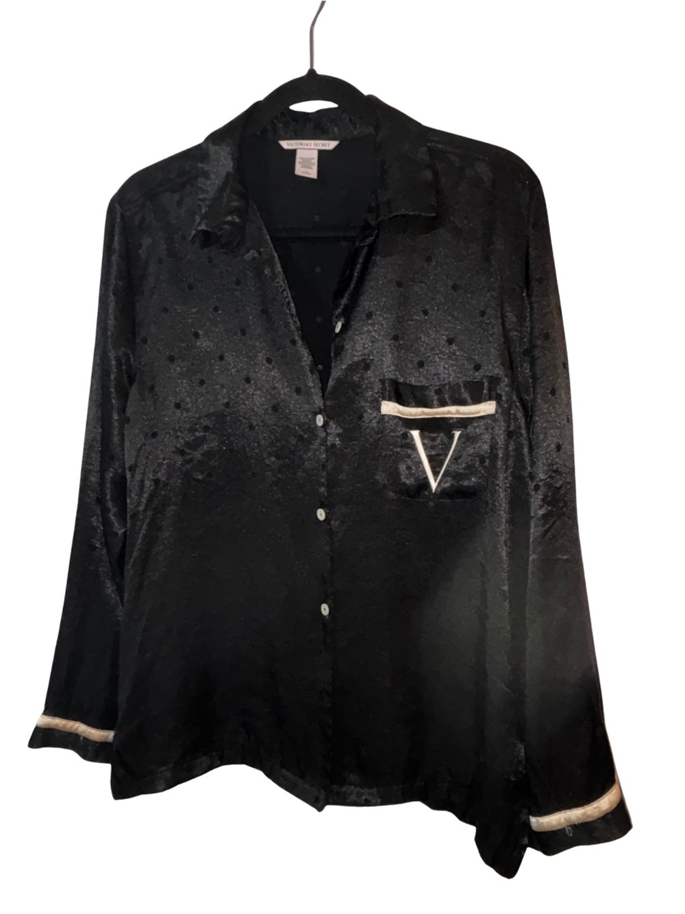Victoria's Secret Black Satin Button-Down Shirt with Cream Trim